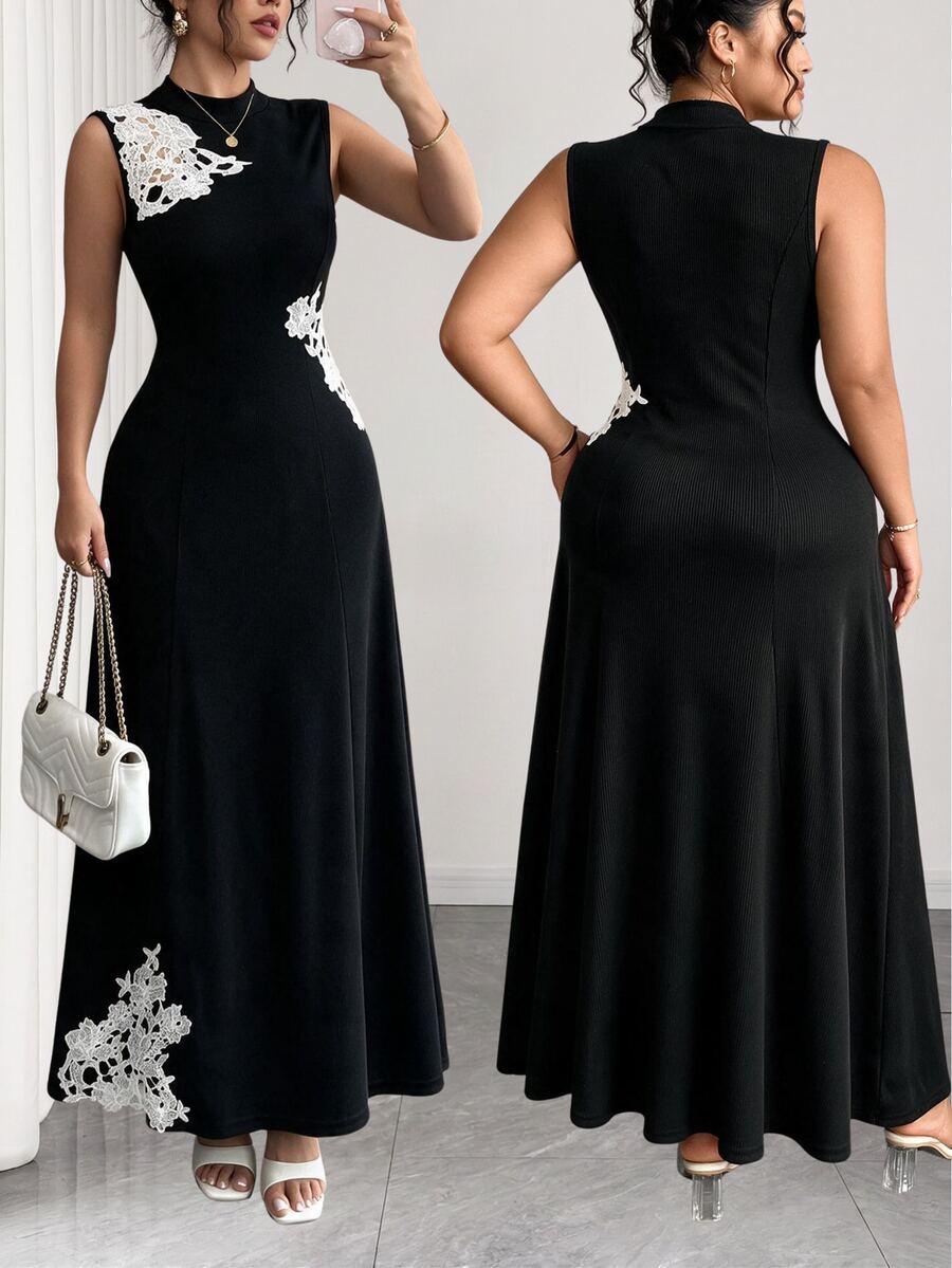SHEIN LUNE CURVE Gaun Tanpa Lengan Ukuran Besar dengan Motif Renda Kontras - Hitam - View 1