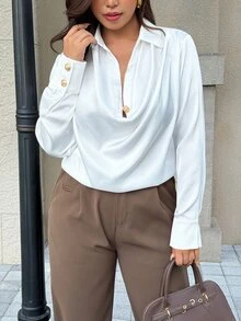Easura Blus Wanita Ukuran Besar Warna Putih dan Emas Musim Gugur, Kemeja Formal Bisnis Kasual Elegan dengan Kancing Logam, Kerah Bentuk V Dalam dengan Desain Draperi, Untuk Pesta - Putih - View 6