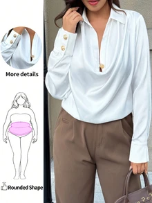 Easura Blus Wanita Ukuran Besar Warna Putih dan Emas Musim Gugur, Kemeja Formal Bisnis Kasual Elegan dengan Kancing Logam, Kerah Bentuk V Dalam dengan Desain Draperi, Untuk Pesta - Putih - View 1