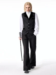 ROMWE MEN Men's Jacquard Lapel NeckSingle-Breasted Business Travel Suit Vest - Black - View 5