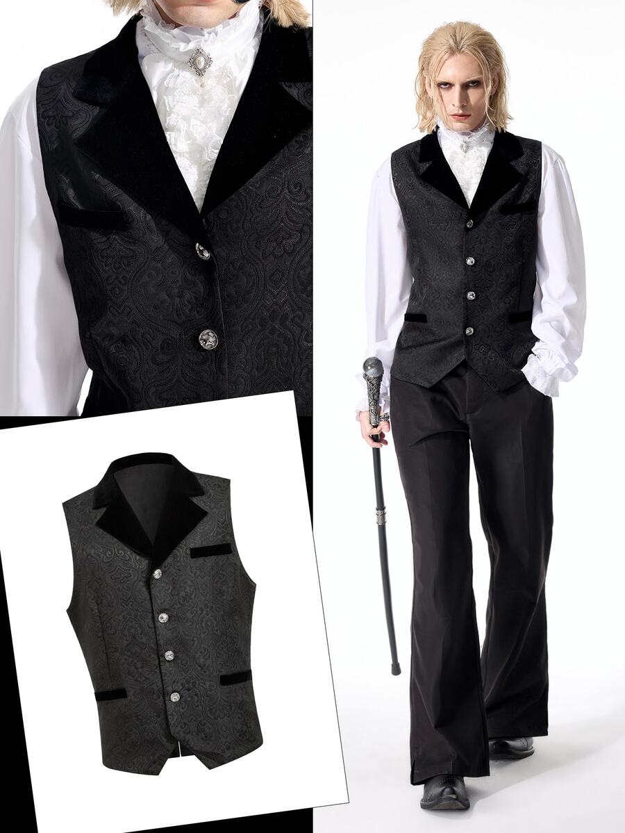 ROMWE MEN Men's Jacquard Lapel NeckSingle-Breasted Business Travel Suit Vest - Black - View 1
