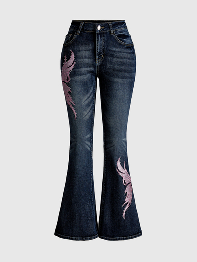 J-Fashion Women's Y2K Baddie Rhinestone Butterfly Wing Embroidery Distressed Rhinestone Embellished Jeans