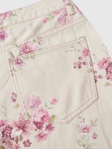 Sweetness Floral Print Relaxed Fit Wide Leg Washed Denim Jeans For Women, Sweet Girl Style - Apricot - View 5