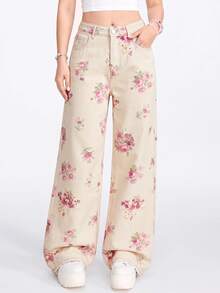 Sweetness Floral Print Relaxed Fit Wide Leg Washed Denim Jeans For Women, Sweet Girl Style - Apricot - View 3