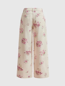 Sweetness Floral Print Relaxed Fit Wide Leg Washed Denim Jeans For Women, Sweet Girl Style - Apricot - View 2