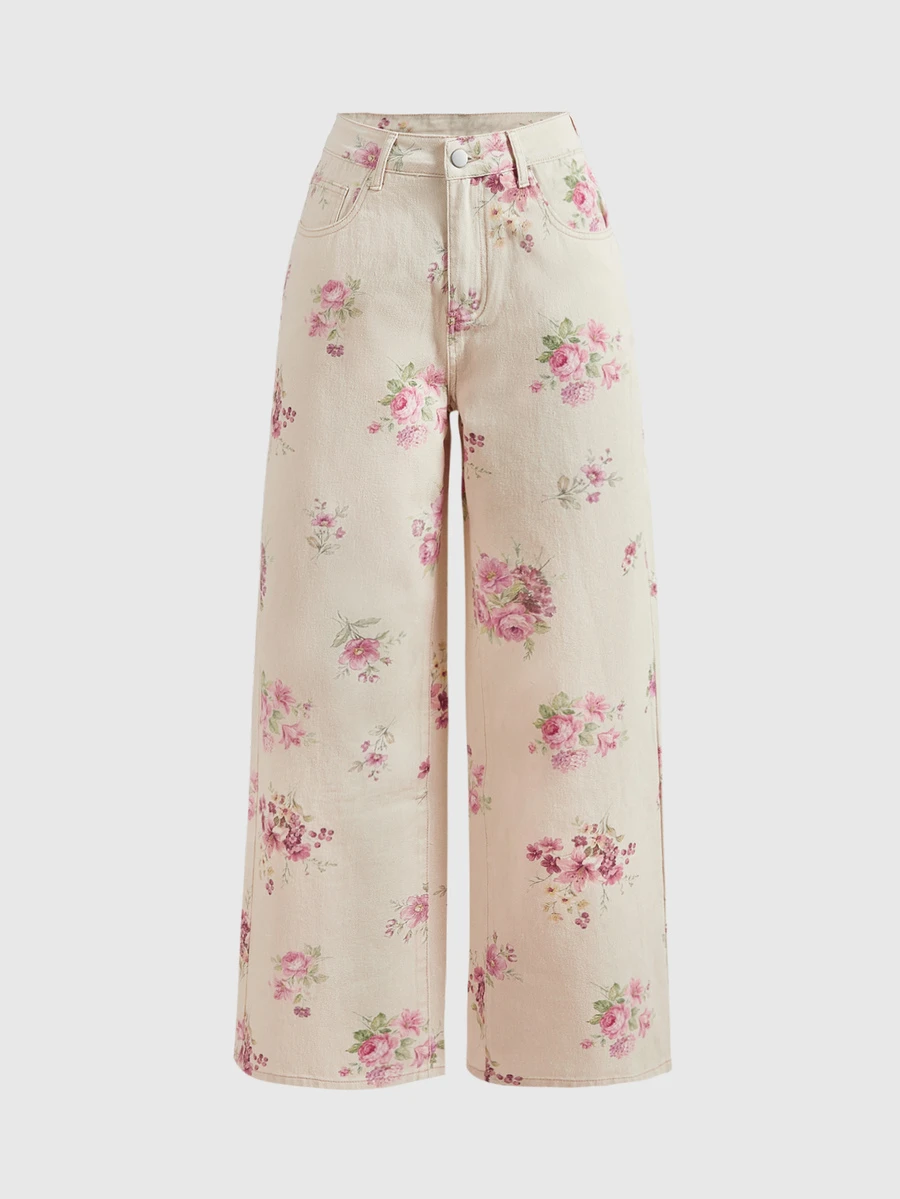Sweetness Floral Print Relaxed Fit Wide Leg Washed Denim Jeans For Women, Sweet Girl Style - Apricot - View 1