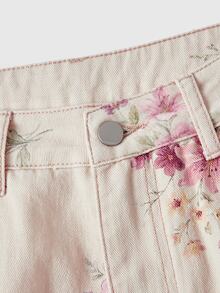 Sweetness Floral Print Relaxed Fit Wide Leg Washed Denim Jeans For Women, Sweet Girl Style - Apricot - View 4