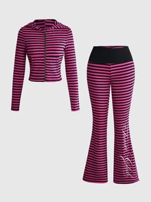 ROMWE Grunge Punk Women's Striped Colorblock Hooded Long Sleeve Sweatshirt And Flare Pants Casual Daily Set - Pink - View 2