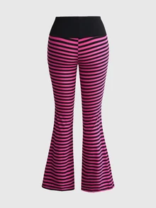 ROMWE Grunge Punk Women's Striped Colorblock Hooded Long Sleeve Sweatshirt And Flare Pants Casual Daily Set - Pink - View 7