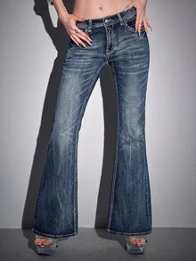 ROMWE Grunge Punk Women Y2K Retro Vintage Distressed Ultra Super Low Waist Flare Leg Trousers - Blue - View 3