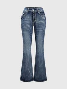 ROMWE Grunge Punk Women Y2K Retro Vintage Distressed Ultra Super Low Waist Flare Leg Trousers - Blue - View 1