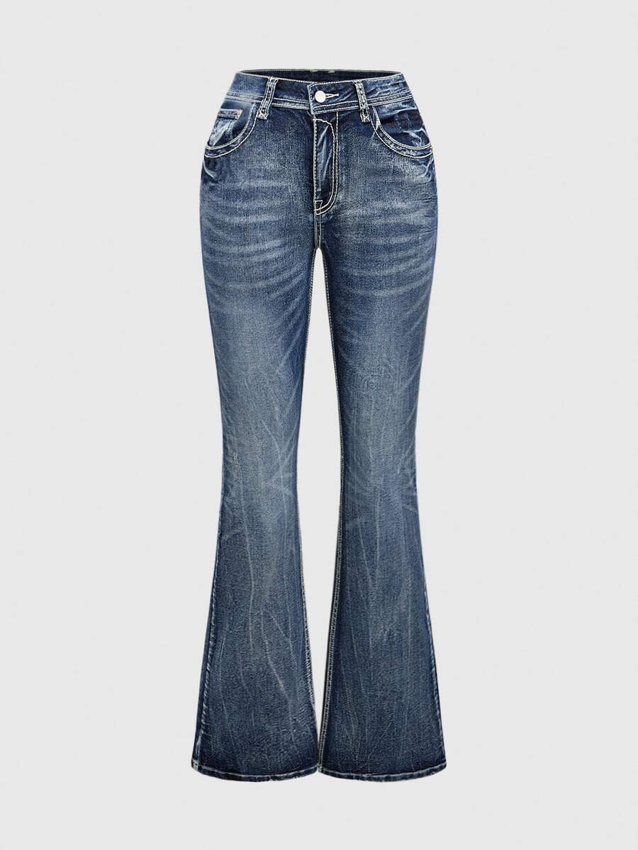 ROMWE Grunge Punk Women Y2K Retro Vintage Distressed Ultra Super Low Waist Flare Leg Trousers - Blue - View 1