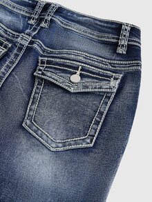 ROMWE Grunge Punk Women Y2K Retro Vintage Distressed Ultra Super Low Waist Flare Leg Trousers - Blue - View 4