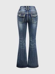 ROMWE Grunge Punk Women Y2K Retro Vintage Distressed Ultra Super Low Waist Flare Leg Trousers - Blue - View 2