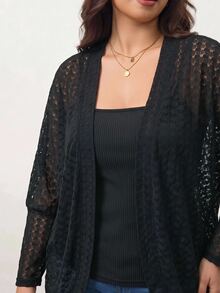 Enliva Plus-Size Casual Elegant Loose Black Knit Cardigan, Fall/ Style Apple, Rounded Body Formal Holiday Family Vacation Homewear - Black - View 6