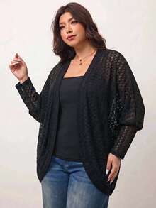 Enliva Plus-Size Casual Elegant Loose Black Knit Cardigan, Fall/ Style Apple, Rounded Body Formal Holiday Family Vacation Homewear - Black - View 4