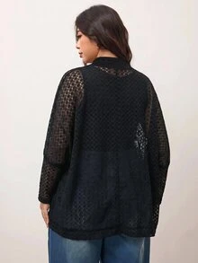 Enliva Plus-Size Casual Elegant Loose Black Knit Cardigan, Fall/ Style Apple, Rounded Body Formal Holiday Family Vacation Homewear - Black - View 2