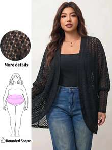 Enliva Plus-Size Casual Elegant Loose Black Knit Cardigan, Fall/ Style Apple, Rounded Body Formal Holiday Family Vacation Homewear - Black - View 1