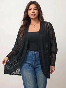 Enliva Plus-Size Casual Elegant Loose Black Knit Cardigan, Fall/ Style Apple, Rounded Body Formal Holiday Family Vacation Homewear - Black - View 5