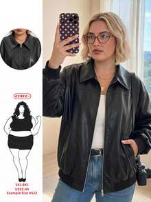 SHEIN CURVE+ 大尺碼拉鍊式落肩PU皮革外套，秋季外穿，適合夜晚派對、雞尾酒會，黑色寬鬆牛仔風，休閒性感優雅 - 黑色 - 查看 8