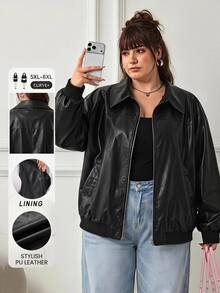 SHEIN CURVE+ 大尺碼拉鍊式落肩PU皮革外套，秋季外穿，適合夜晚派對、雞尾酒會，黑色寬鬆牛仔風，休閒性感優雅 - 黑色 - 查看 1
