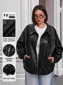 SHEIN CURVE+ 大尺碼拉鍊式落肩PU皮革外套，秋季外穿，適合夜晚派對、雞尾酒會，黑色寬鬆牛仔風，休閒性感優雅 - 黑色 - 查看 7