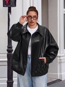 SHEIN CURVE+ 大尺碼拉鍊式落肩PU皮革外套，秋季外穿，適合夜晚派對、雞尾酒會，黑色寬鬆牛仔風，休閒性感優雅 - 黑色 - 查看 4