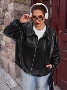 SHEIN CURVE+ 大尺碼拉鍊式落肩PU皮革外套，秋季外穿，適合夜晚派對、雞尾酒會，黑色寬鬆牛仔風，休閒性感優雅 - 黑色 - 查看 9