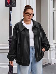 SHEIN CURVE+ 大尺碼拉鍊式落肩PU皮革外套，秋季外穿，適合夜晚派對、雞尾酒會，黑色寬鬆牛仔風，休閒性感優雅 - 黑色 - 查看 5