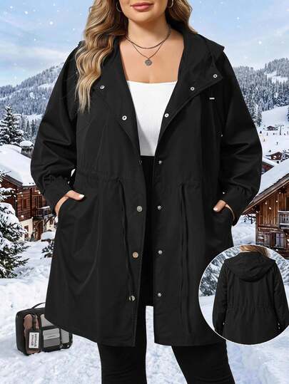 SHEIN CURVE+ Ženska jakna plus size za jesen, ležerna i smart casual, poslovno ležerna, široka i opuštena, crna, sa kapuljačom i steznutim strukom, za nastavnice, klubove i formalne prilike