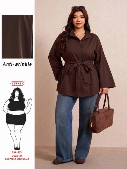 SHEIN CURVE+ جاكيت نسائي مقاس كبير خريفي بلون موحد وأكمام طويلة وأزرار أمامية