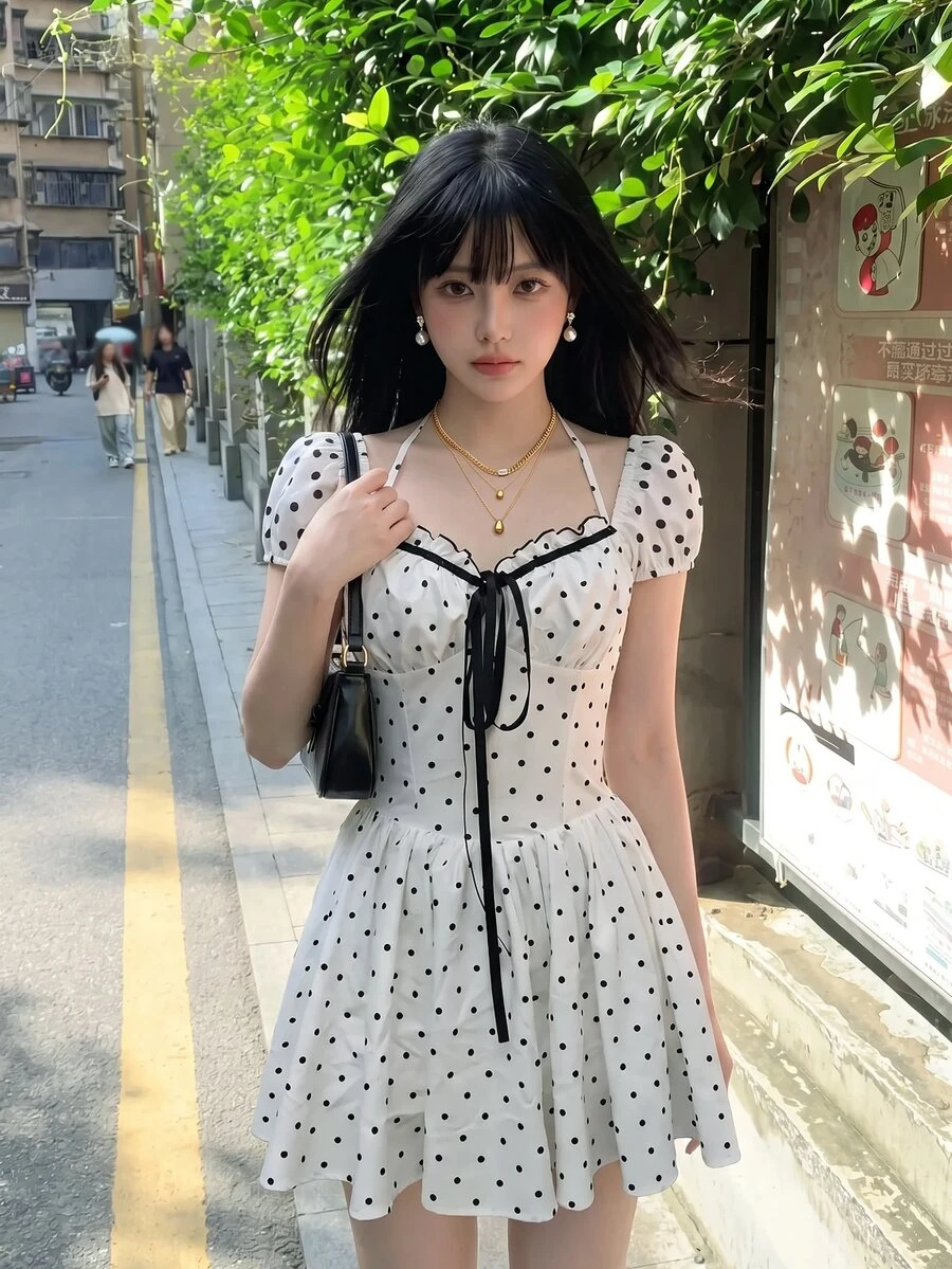 Sweetina Sweet Polka Dot Short Sleeve Mini Dress - White - View 1