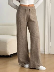 SHEIN Tall Women's Casual Solid Color Knit Pants In Fall/Winter - Khaki - View 1