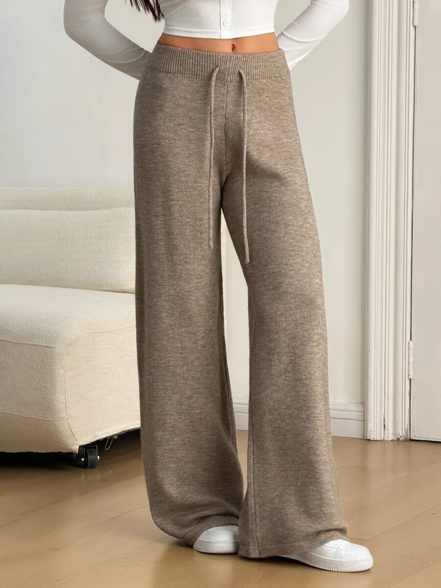 SHEIN Tall Women's Casual Solid Color Knit Pants In Fall/Winter - Khaki - View 1