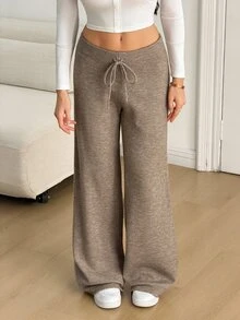 SHEIN Tall Women's Casual Solid Color Knit Pants In Fall/Winter - Khaki - View 5