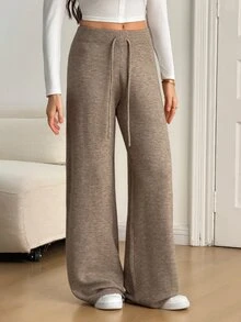 SHEIN Tall Women's Casual Solid Color Knit Pants In Fall/Winter - Khaki - View 6