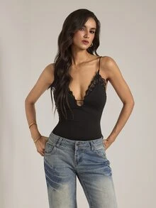 SHEIN Tall Women's Modern Solid Black Lace Patchwork Fitted Bodysuit, Sexy Backless Low Cut With Ultra Spaghetti Strap - Black - View 6