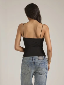 SHEIN Tall Women's Modern Solid Black Lace Patchwork Fitted Bodysuit, Sexy Backless Low Cut With Ultra Spaghetti Strap - Black - View 2
