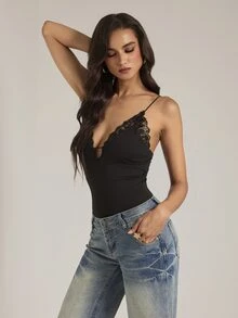 SHEIN Tall Women's Modern Solid Black Lace Patchwork Fitted Bodysuit, Sexy Backless Low Cut With Ultra Spaghetti Strap - Black - View 4