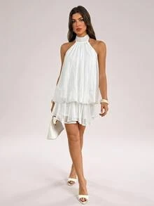 SHEIN Tall Women's Sweet Versatile Pleated Halter Tie Strap Dress - Multicolor - View 6