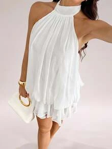 SHEIN Tall Women's Sweet Versatile Pleated Halter Tie Strap Dress - Multicolor - View 3