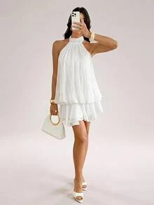 SHEIN Tall Women's Sweet Versatile Pleated Halter Tie Strap Dress - Multicolor - View 5
