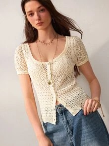 Willow Rêve Cardigan Wanita Putih Lengan Pendek Pas Badan, Rajutan Berongga, Kancing Depan dengan Motif Geometris, Gaya Bohemian Elegan Prancis, Cocok untuk Acara Minum Teh dan Makan Siang di Musim Gugur - Krim - View 6