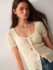 Willow Rêve Cardigan Wanita Putih Lengan Pendek Pas Badan, Rajutan Berongga, Kancing Depan dengan Motif Geometris, Gaya Bohemian Elegan Prancis, Cocok untuk Acara Minum Teh dan Makan Siang di Musim Gugur - Krim - View 5