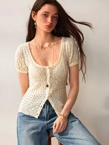 Willow Rêve Cardigan Wanita Putih Lengan Pendek Pas Badan, Rajutan Berongga, Kancing Depan dengan Motif Geometris, Gaya Bohemian Elegan Prancis, Cocok untuk Acara Minum Teh dan Makan Siang di Musim Gugur - Krim - View 7