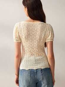 Willow Rêve Cardigan Wanita Putih Lengan Pendek Pas Badan, Rajutan Berongga, Kancing Depan dengan Motif Geometris, Gaya Bohemian Elegan Prancis, Cocok untuk Acara Minum Teh dan Makan Siang di Musim Gugur - Krim - View 2