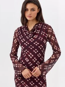 KÆRIA Hus Lined Cowl Neck Long Sleeve Midi Dress - Semi-Sheer Georgette - Burgundy Check - Elegant, Luxury - Red Violet - View 4