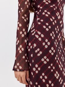 KÆRIA Hus Lined Cowl Neck Long Sleeve Midi Dress - Semi-Sheer Georgette - Burgundy Check - Elegant, Luxury - Red Violet - View 7