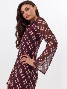 KÆRIA Hus Lined Cowl Neck Long Sleeve Midi Dress - Semi-Sheer Georgette - Burgundy Check - Elegant, Luxury - Red Violet - View 1