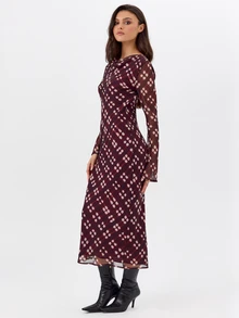 KÆRIA Hus Lined Cowl Neck Long Sleeve Midi Dress - Semi-Sheer Georgette - Burgundy Check - Elegant, Luxury - Red Violet - View 6